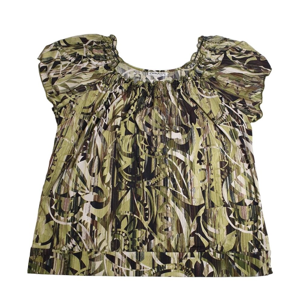 Claudia Richard Women's Abstract Print Green Blouse Stretch Short Sleeve Size L